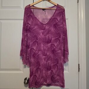 Cover Me Tropical Palm Leaf Print Sheer Mesh Bell Sleeve Tunic Top Purple Size M